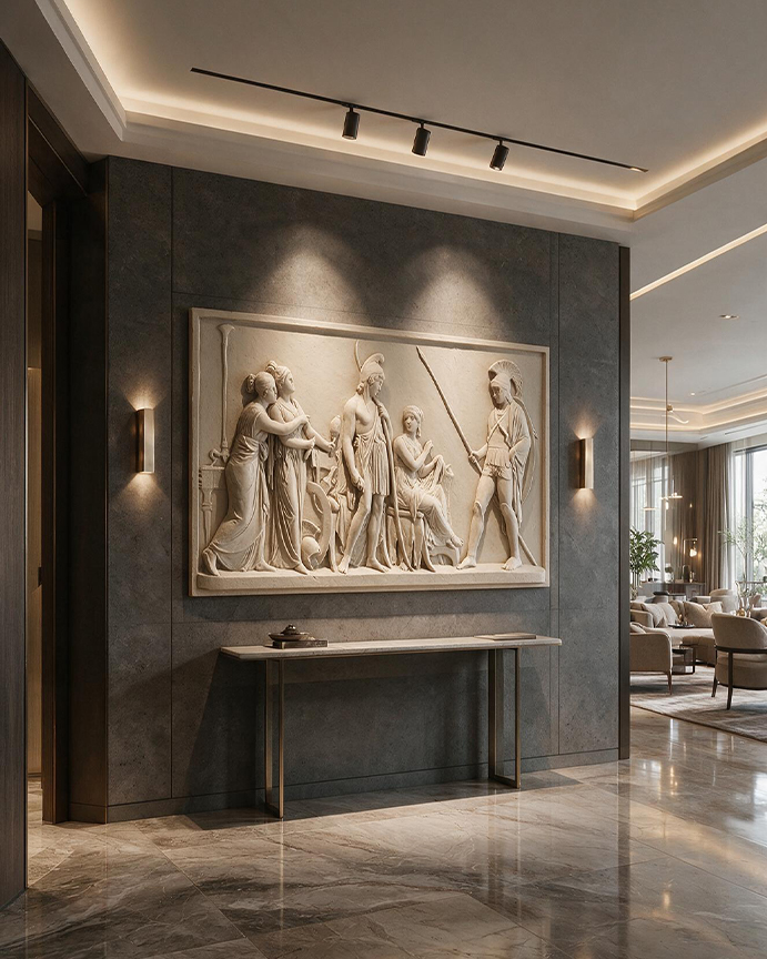 Grand bas-relief mural représentant plusieurs personnages installé dans le hall d’un hôtel contemporain