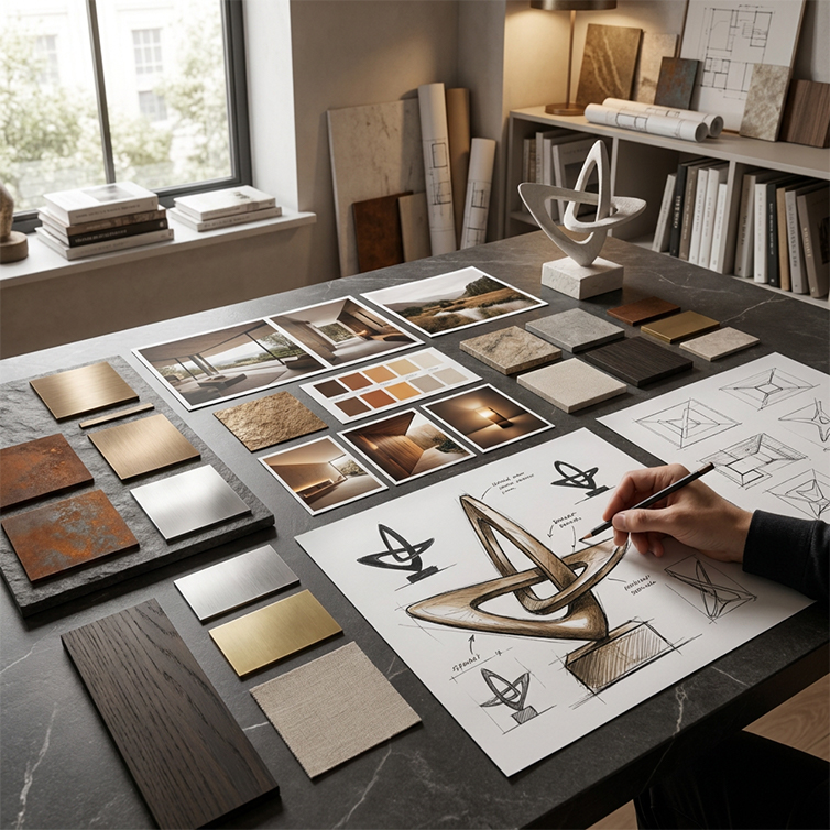 Croquis, moodboard et échantillons de matières pour la conception d’une sculpture sur mesure