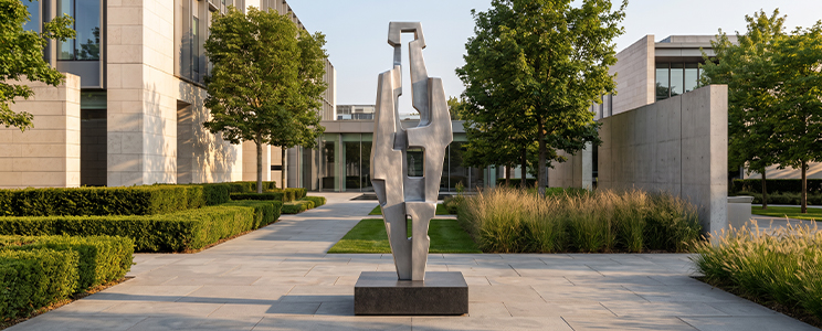 Sculpture abstraite en aluminium installée dans un jardin architectural contemporain au Maroc