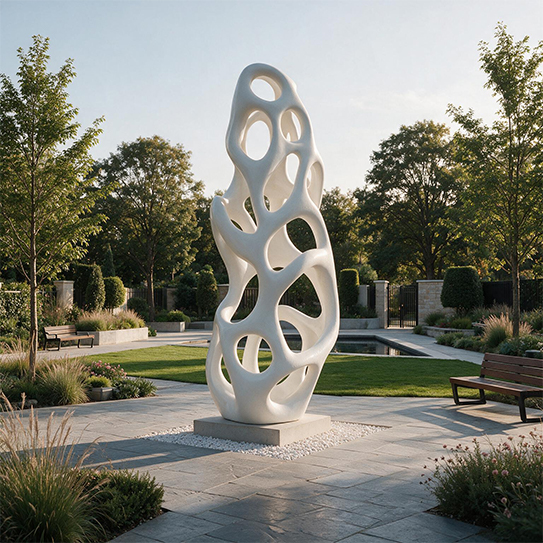 Sculpture abstraite blanche ajourée en résine composite installée dans un jardin contemporain