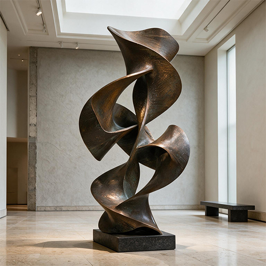 Sculpture abstraite en bronze aux formes fluides exposée dans un musée contemporain au Maroc