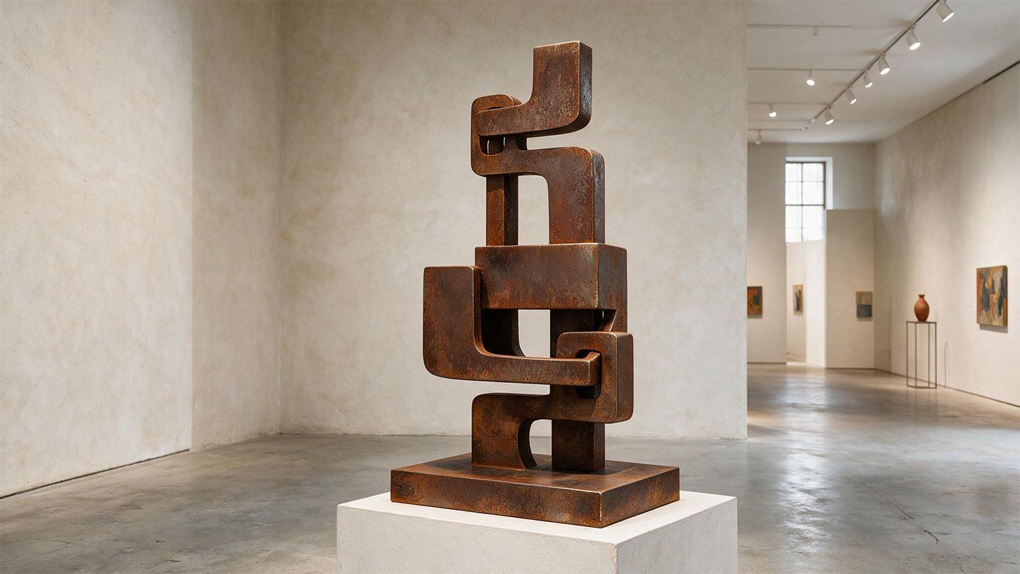 Sculpture abstraite géométrique en acier Corten présentée sur un socle dans une galerie d’art