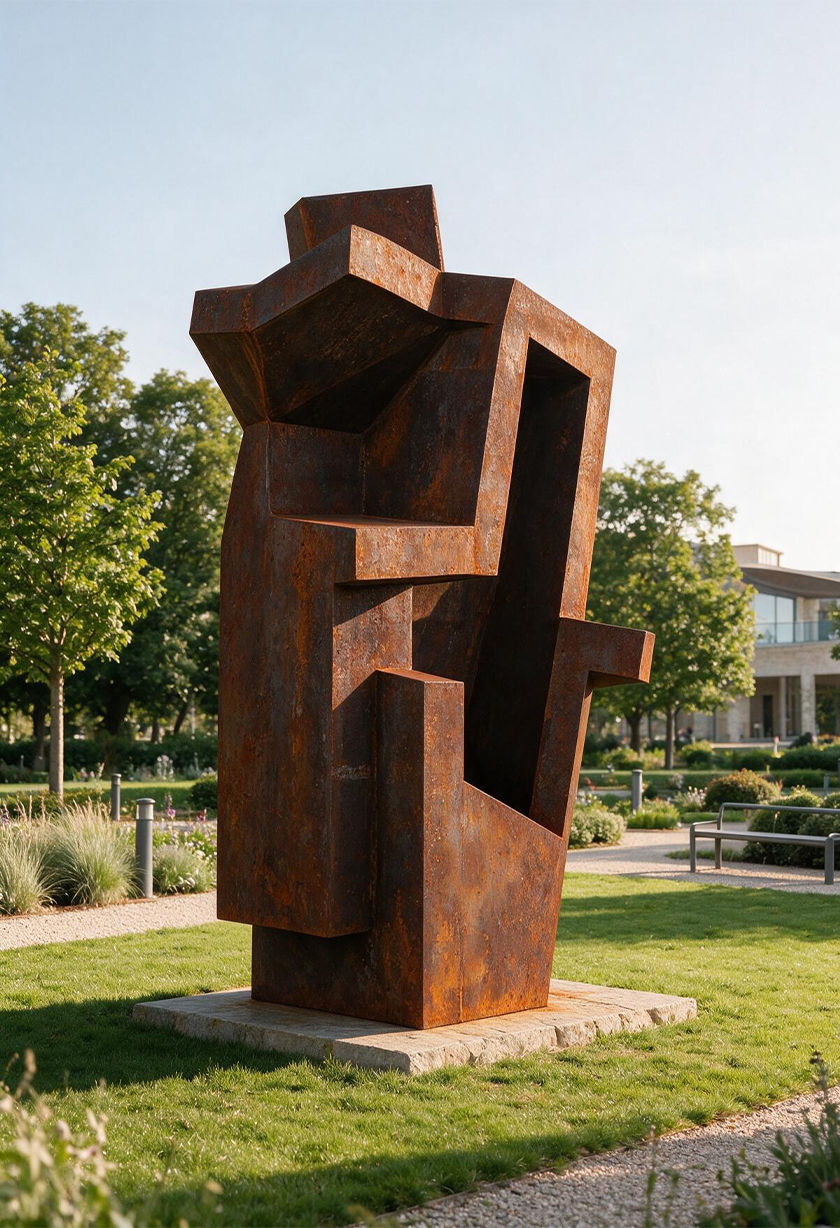 Sculpture abstraite monumentale en acier Corten installée dans un jardin architectural