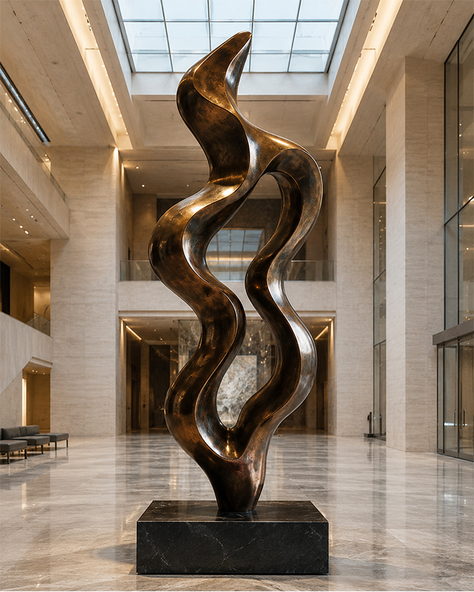 Sculpture abstraite monumentale en bronze patiné aux formes fluides installée dans un vaste hall