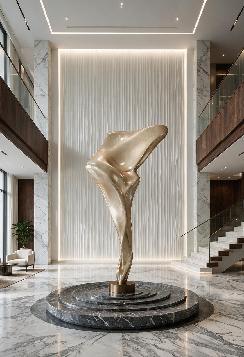 Sculpture abstraite monumentale à finition dorée installée au centre d’un grand hall contemporain