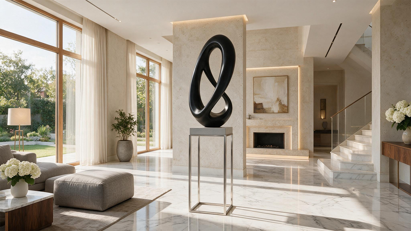 Sculpture abstraite noire sur socle métallique placée dans le hall lumineux d’une villa contemporaine