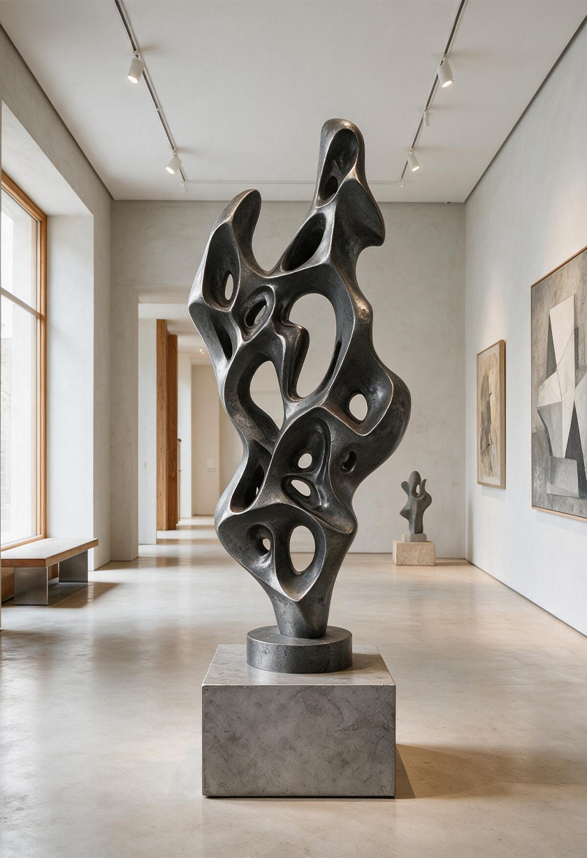 Sculpture abstraite organique ajourée avec finition bronze foncé exposée sur un socle dans une galerie d’art