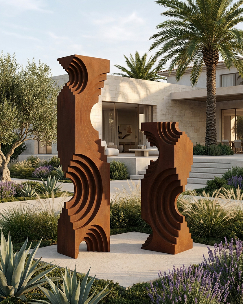 Sculpture en acier Corten composée de deux panneaux architecturaux dans le jardin d’une villa au Maroc