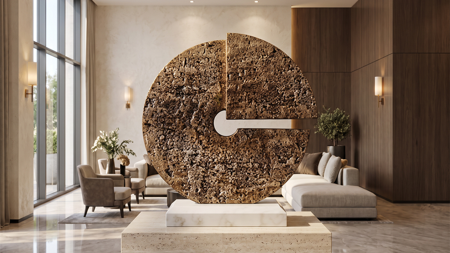 Sculpture circulaire abstraite à surface texturée avec finition bronze exposée dans le hall d’un hôtel contemporain