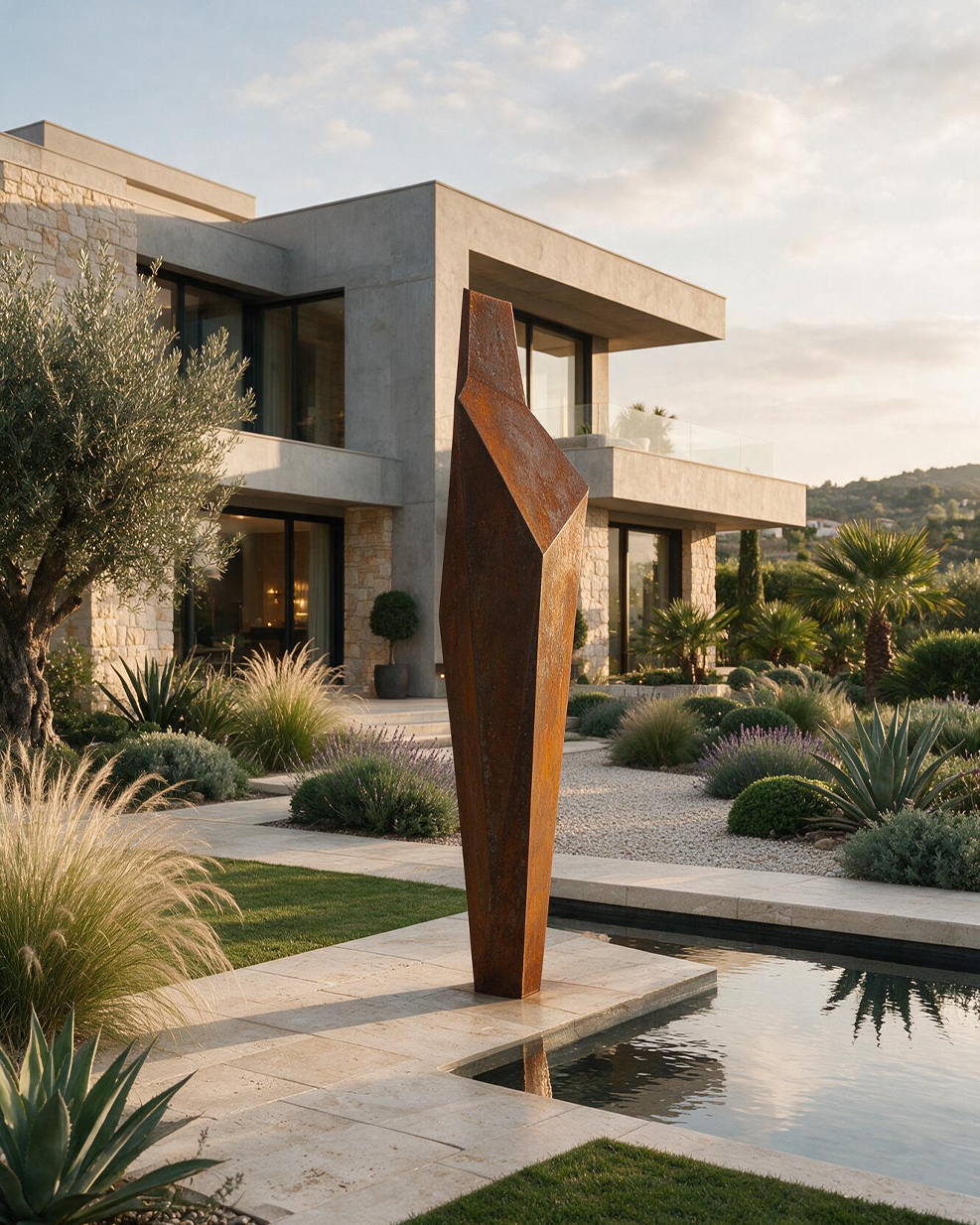 Sculpture extérieure en acier Corten installée près d’un bassin dans le jardin d’une villa contemporaine au Maroc