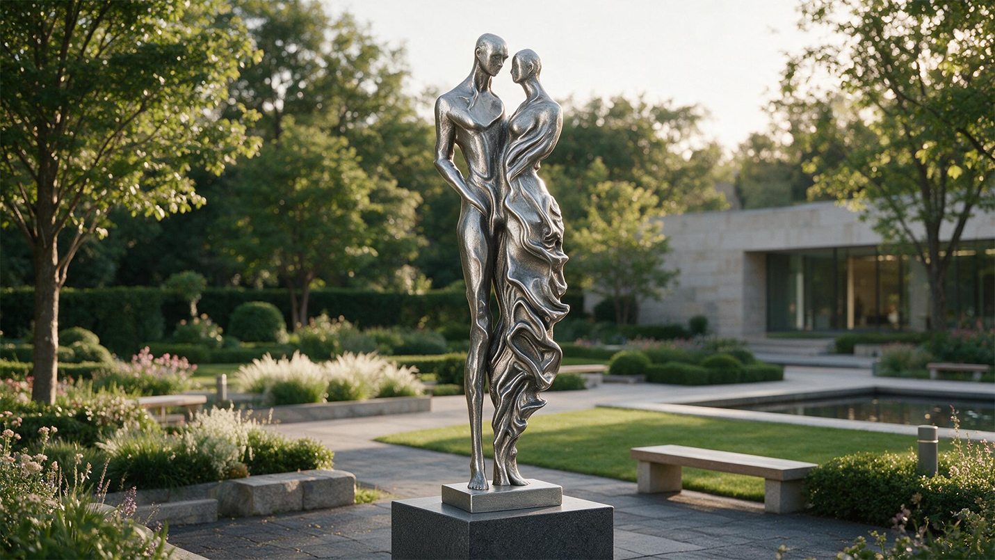 Sculpture figurative représentant un couple en métal argenté installée dans un jardin contemporain