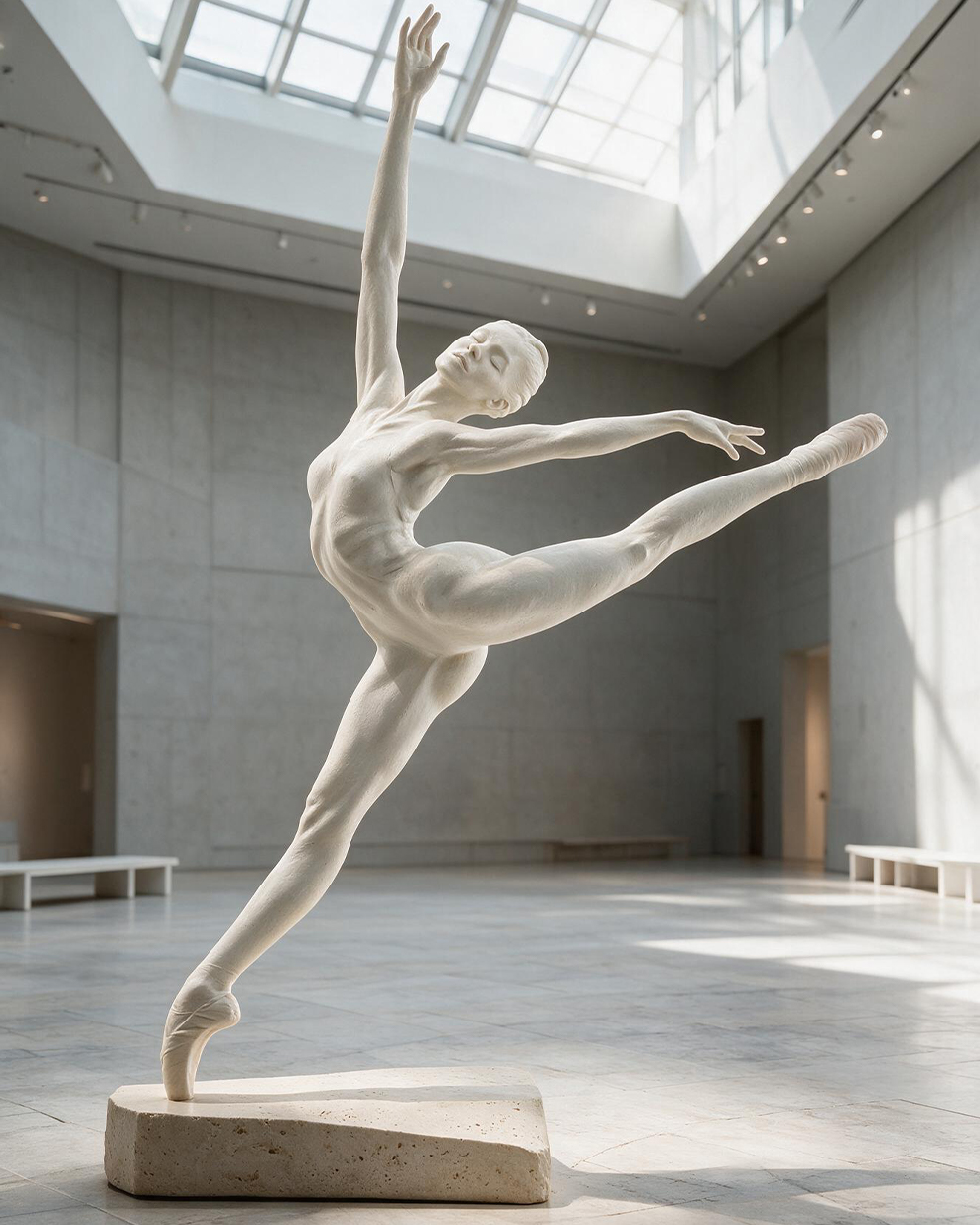 Sculpture figurative blanche représentant une danseuse en mouvement exposée dans une galerie d’art contemporaine