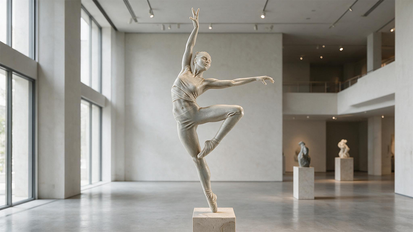Sculpture blanche représentant une danseuse en mouvement exposée dans un musée contemporain