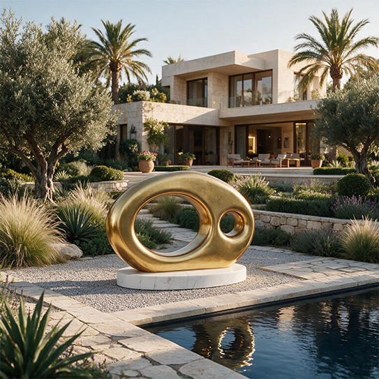 Sculpture dorée contemporaine installée au bord d’un bassin devant une villa de luxe