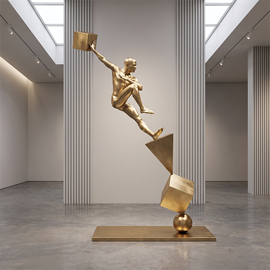 Sculpture figurative dorée représentant un personnage en équilibre sur des formes géométriques dans une galerie d’art