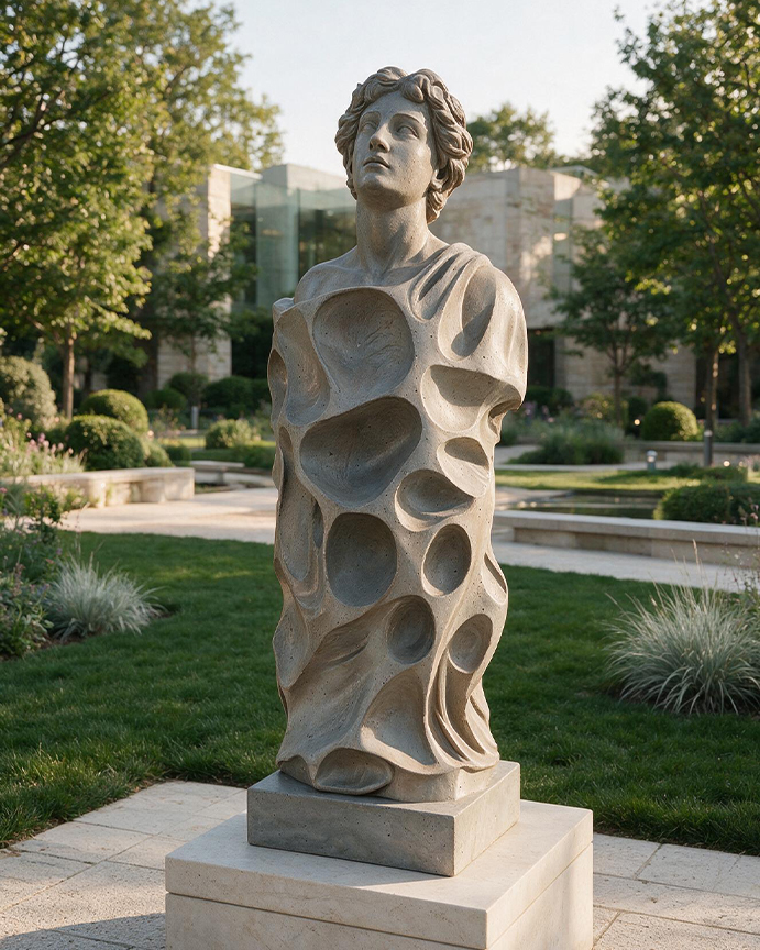 Sculpture figurative de femme avec volumes organiques et finition effet pierre dans un jardin