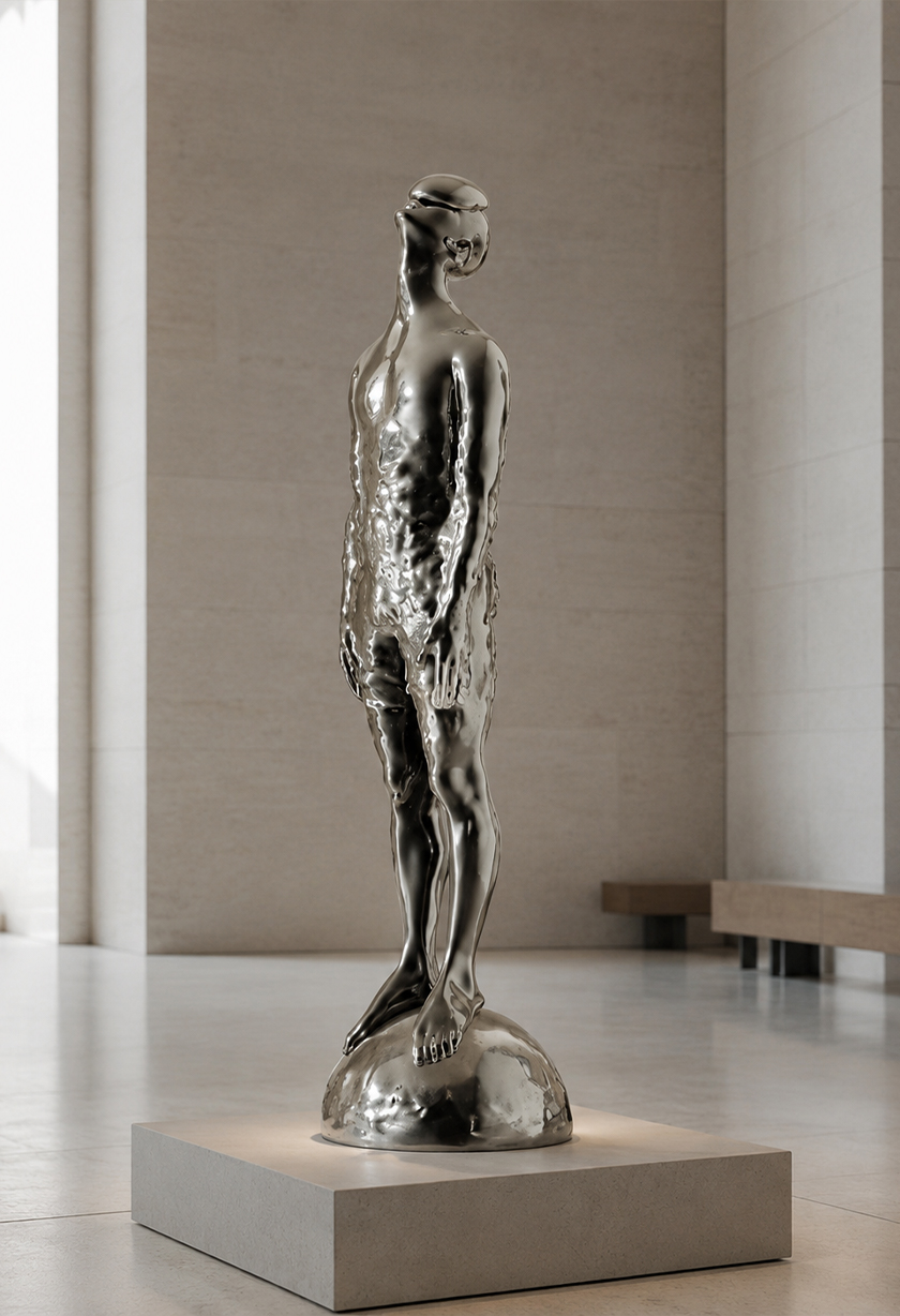 Sculpture figurative en inox poli représentant une silhouette humaine exposée dans un musée