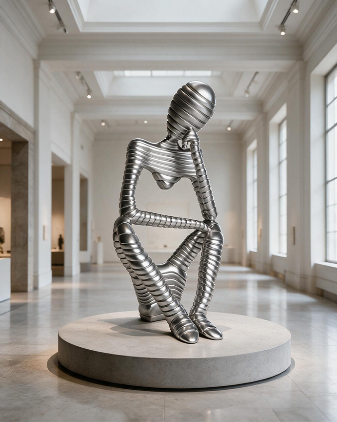Sculpture figurative métallique représentant un personnage assis exposé dans un musée contemporain