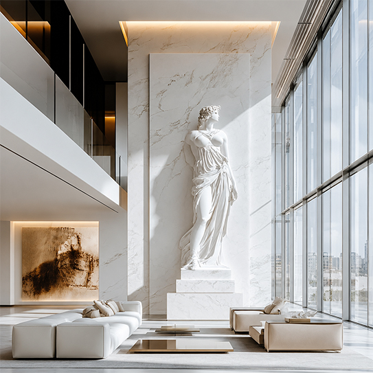 Sculpture figurative monumentale blanche installée dans le hall lumineux d’un bâtiment contemporain