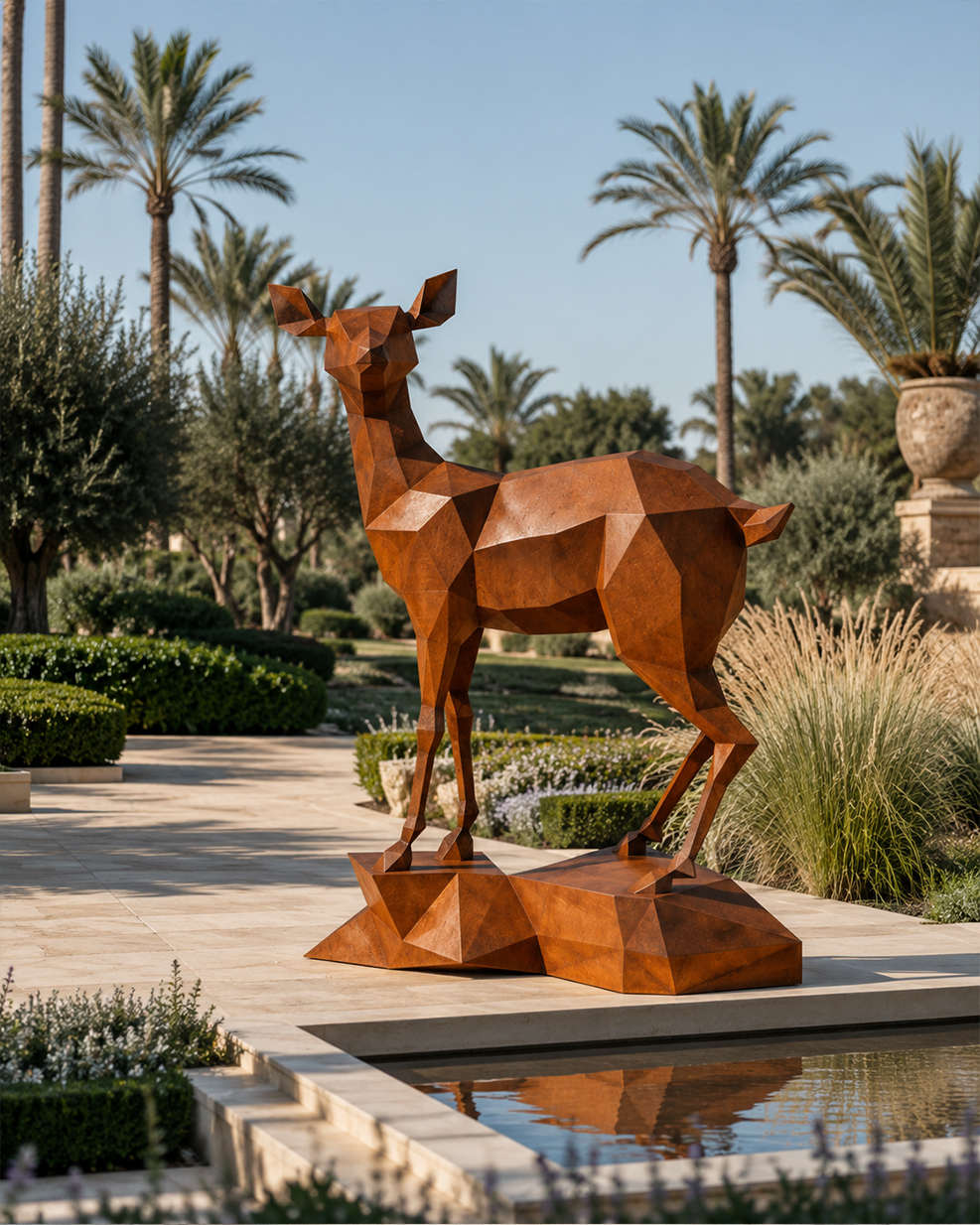 Sculpture de gazelle polygonale en acier Corten installée dans un jardin paysager au Maroc