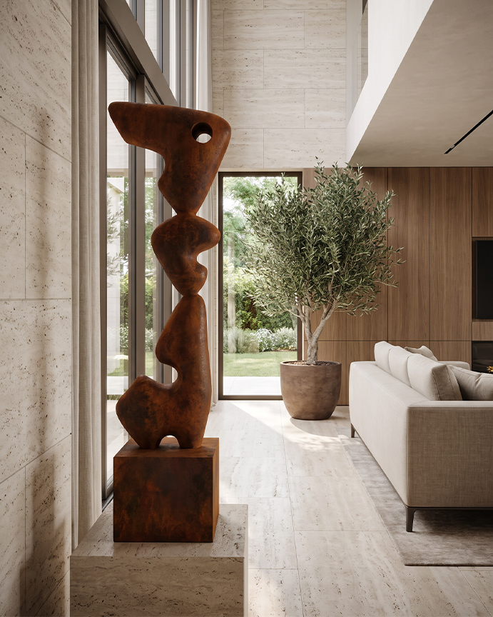 Sculpture intérieure en acier Corten sur socle dans un espace lumineux de villa contemporaine