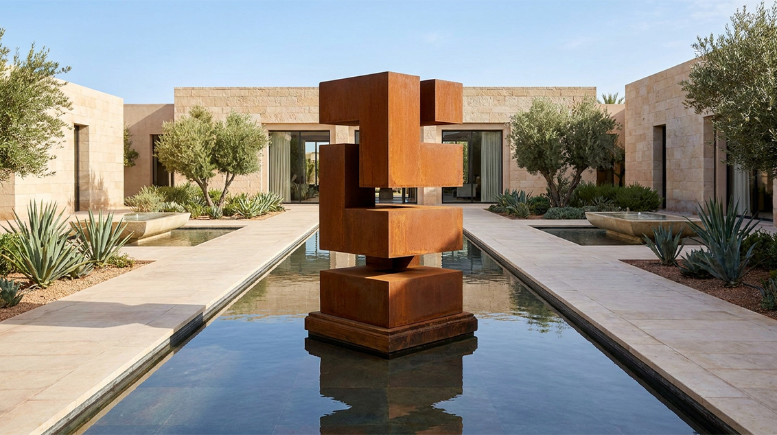 Sculpture Maroc en acier Corten installée dans une cour contemporaine avec bassin