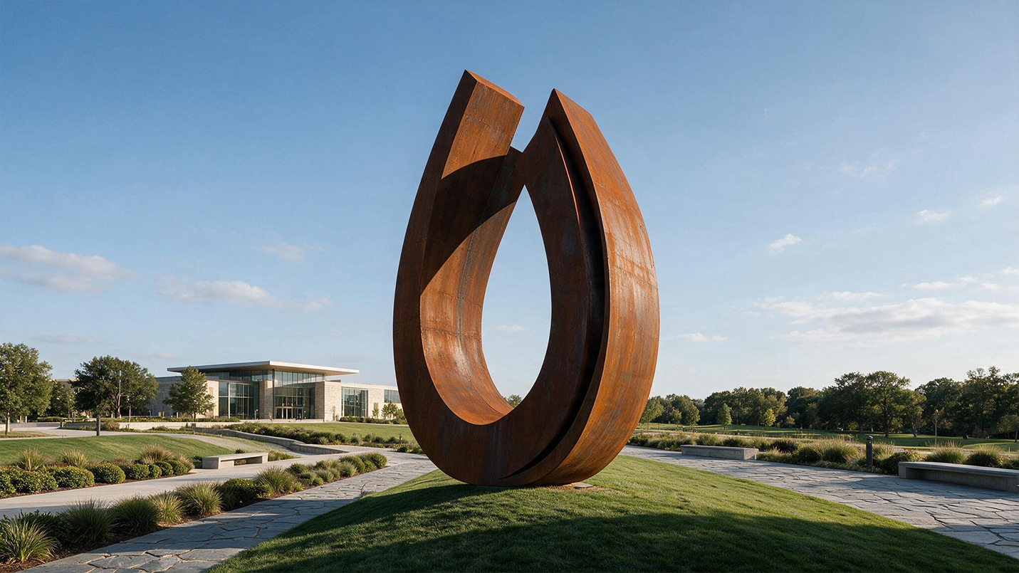 Sculpture monumentale abstraite en acier Corten installée dans un grand espace paysager contemporain
