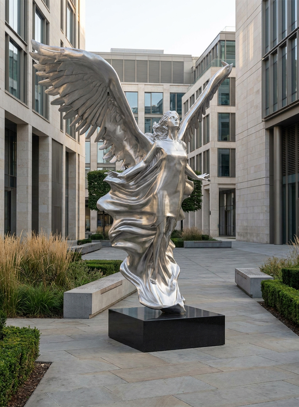 Sculpture monumentale représentant un ange aux ailes déployées dans un espace public contemporain