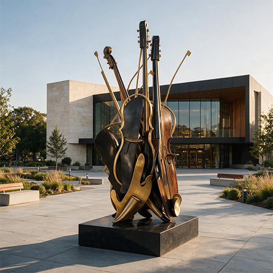 Installation monumentale composée d’instruments de musique en métal patiné devant un bâtiment culturel