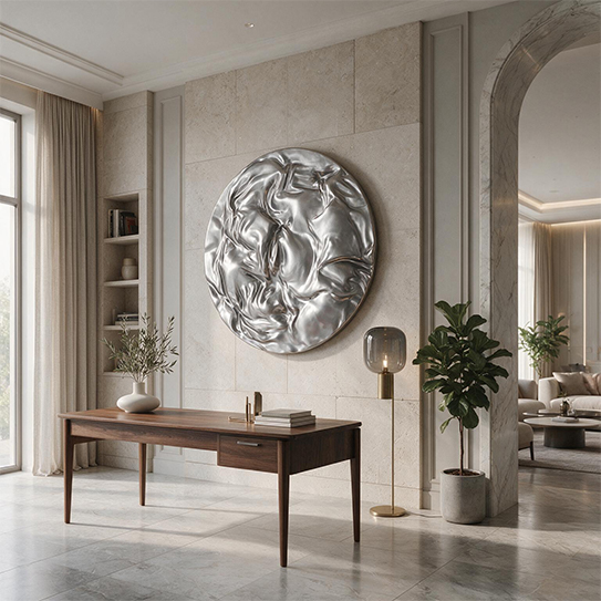 Sculpture murale ronde en inox installée dans un intérieur élégant de villa contemporaine