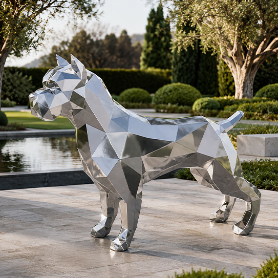 Sculpture de pitbull polygonale en inox réfléchissant installée dans un jardin paysager
