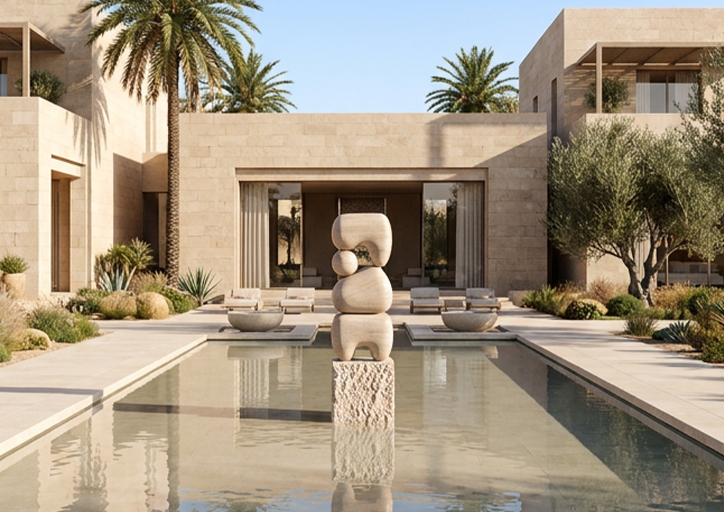 Sculpture abstraite sur mesure installée dans le bassin d’une villa contemporaine au Maroc