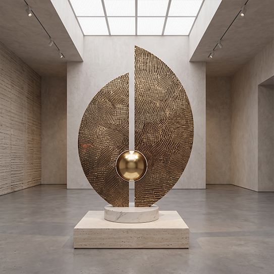 Sculpture texturée en laiton avec sphère centrale présentée dans un espace muséal contemporain