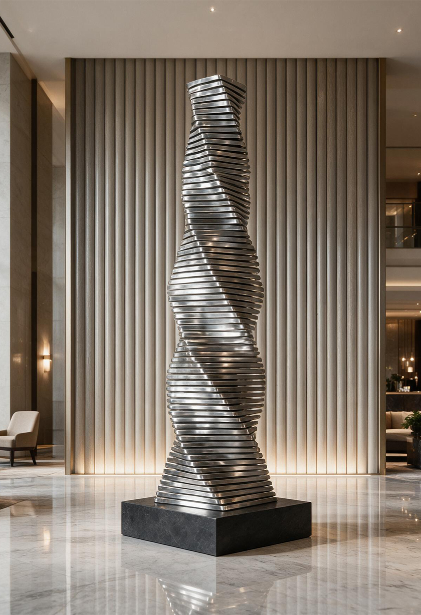 Sculpture abstraite verticale composée de lames en inox brossé installée dans le hall d’un hôtel