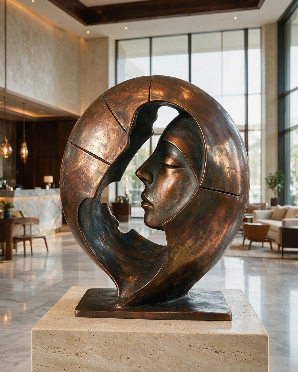 Sculpture abstraite représentant un visage dans une forme circulaire avec finition bronze patiné dans le hall d’un hôtel