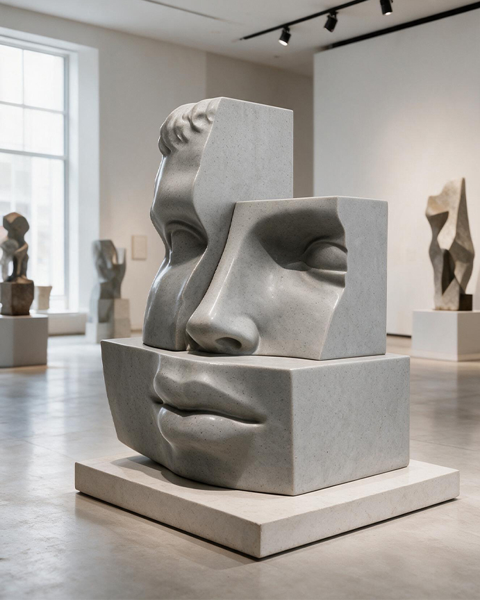 Sculpture contemporaine représentant un visage fragmenté avec finition effet pierre dans une galerie d’art