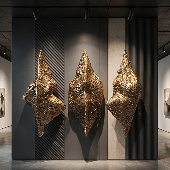 Trois sculptures murales organiques ajourées avec finition dorée exposées dans une galerie d’art